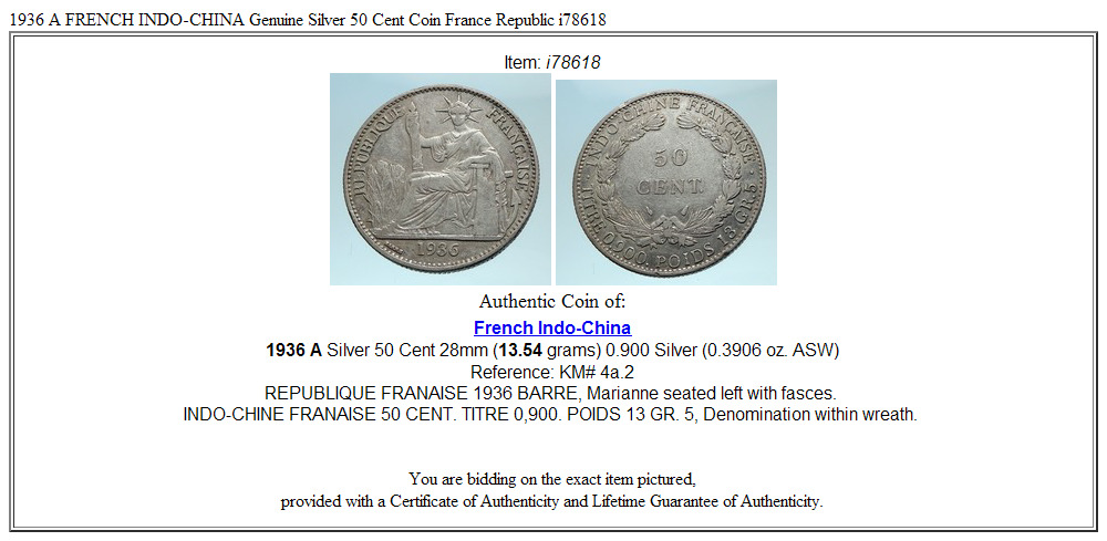 1936 A FRENCH INDO-CHINA Genuine Silver 50 Cent Coin France Republic i78618