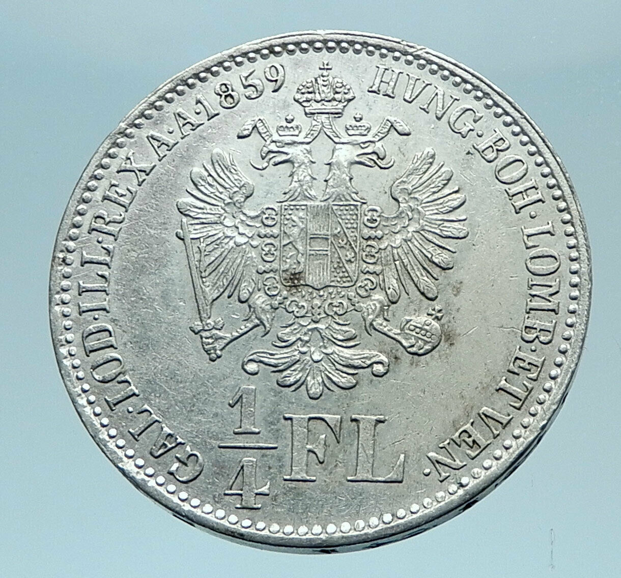 1859 AUSTRIA w KING FRANZ JOSEPH I Eagle Genuine Austrian 1/4 Florin Coin i78353