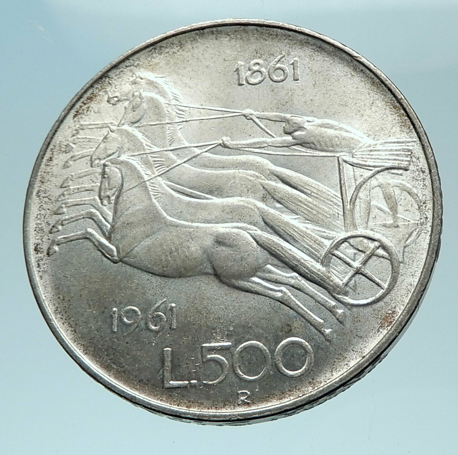 1961 ITALY Silver 500 Lire Coin ITALIAN UNIFICATION Rome Capital CHARIOT i78762