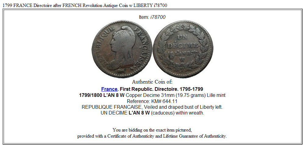 1799 FRANCE Directoire after FRENCH Revolution Antique Coin w LIBERTY i78700