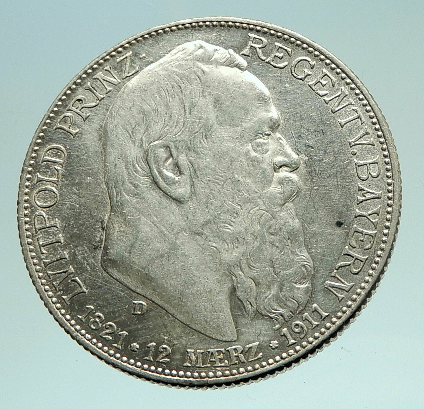 1911 GERMANY Bavaria Otto I w PRINCE LUITPOLD Antique Silver 2 Marks Coin i76145