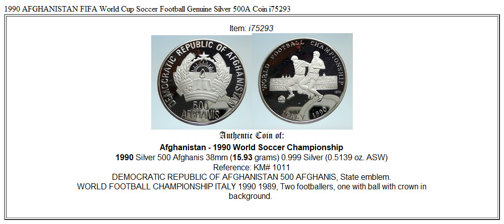 1990 AFGHANISTAN FIFA World Cup Italy Soccer Football Proof Silver Coin i75293