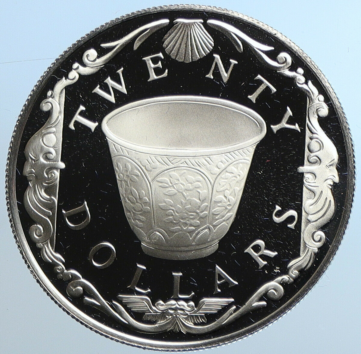 1985 British Virgin Islands TREASURE Porcelain Cup Proof Silver $20 Coin i109776