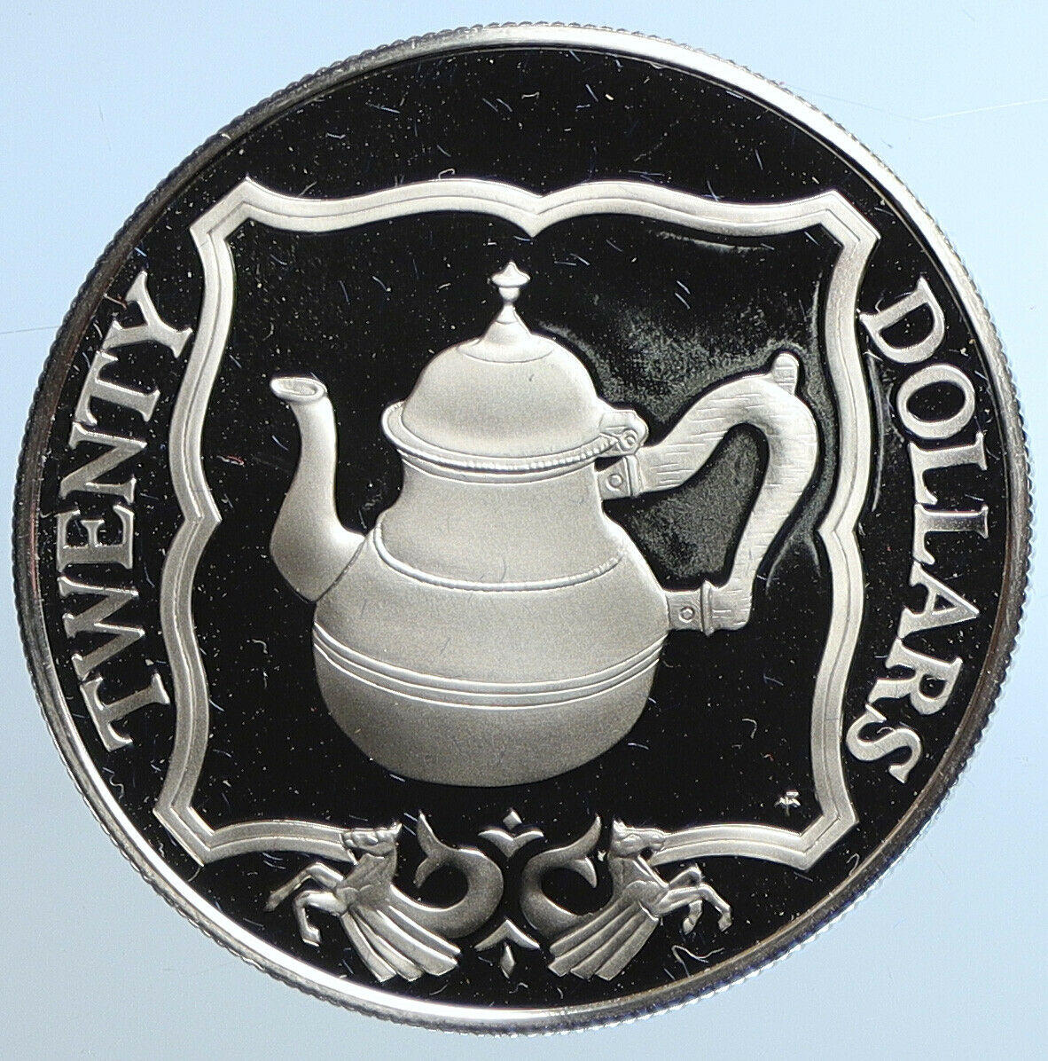 1985 British Virgin Islands TREASURES TEAPOT Old Proof Silver $20 Coin i109770