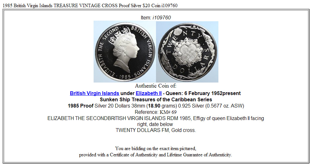 1985 British Virgin Islands TREASURE VINTAGE CROSS Proof Silver $20 Coin i109760