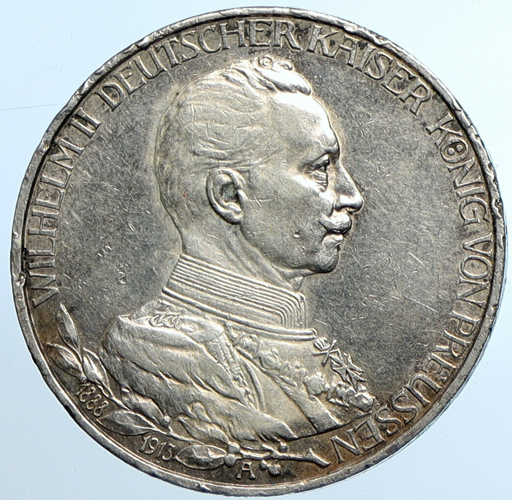 1913 A GERMANY GERMAN STATES PRUSSIA WILHELM II Old Silver 3 Marks Coin i109796