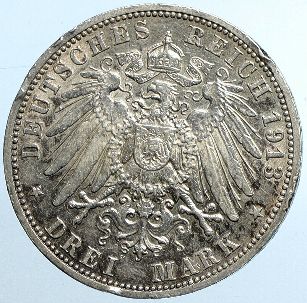 1913 A GERMANY GERMAN STATES PRUSSIA WILHELM II Old Silver 3 Marks Coin i109796