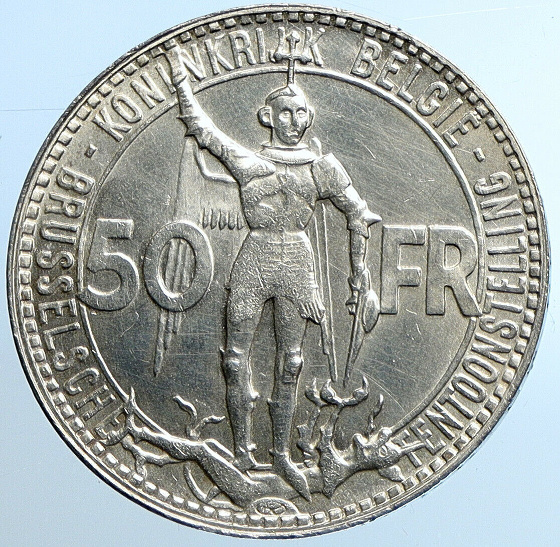 1935 BELGIUM BRUSSELS WORLD's FAIR 58 Saint Michael Silver 50 Franc Coin i109787