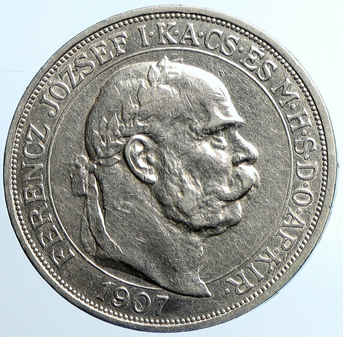 1907 HUNGARY King Franz Joseph I 40Y CORONATION Old Silver 5 Korona Coin i109795