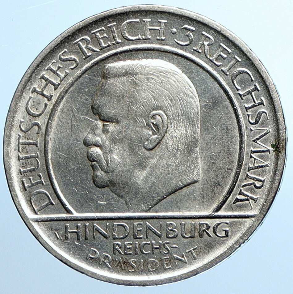 1929A GERMANY Weimar Constitution President Hindenburg Silver 3Mark Coin i109797