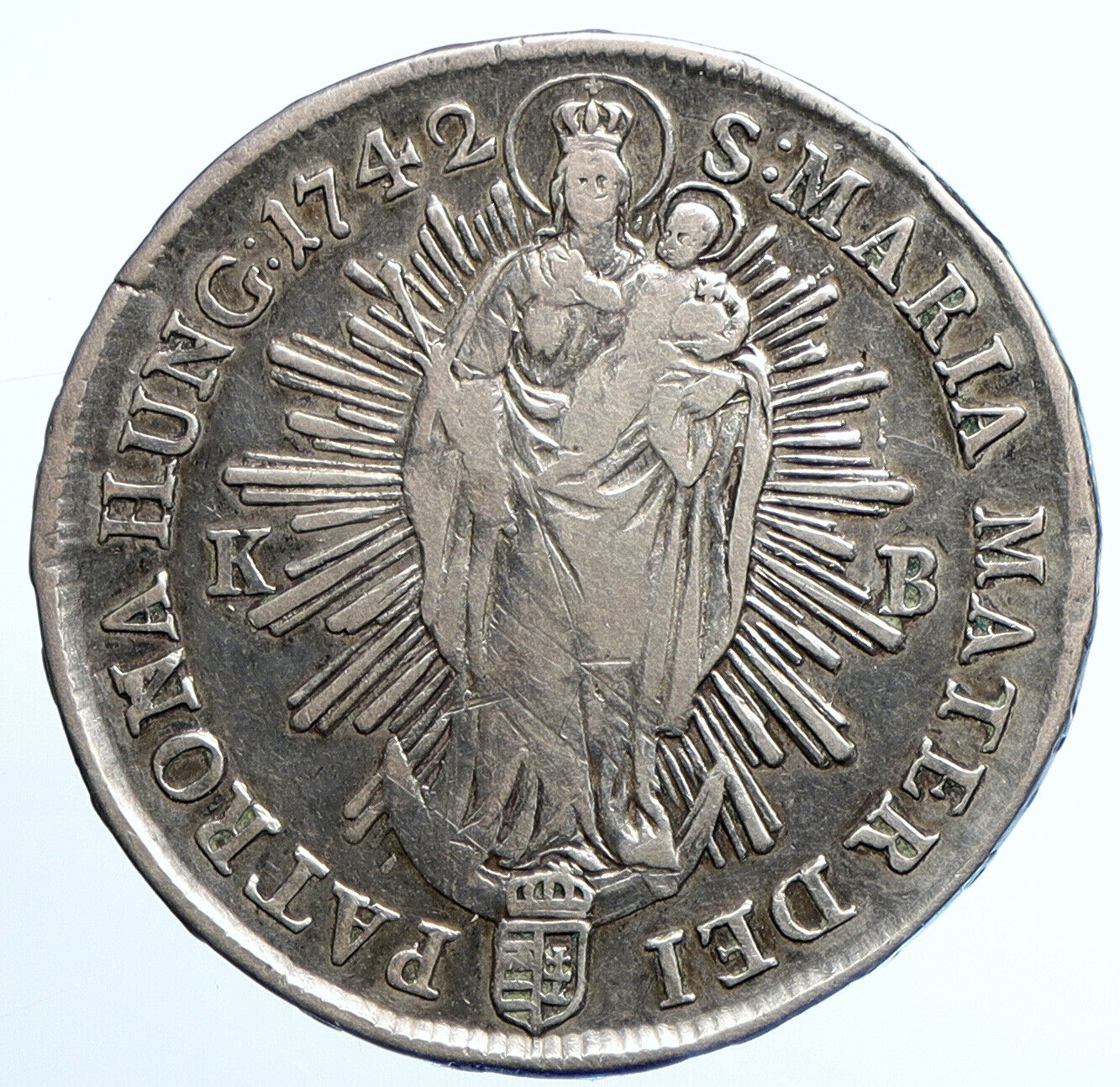 1742 KB HUNGARY Queen Maria Theresia MADONNA Old Silver 1 Thaler Coin i109811