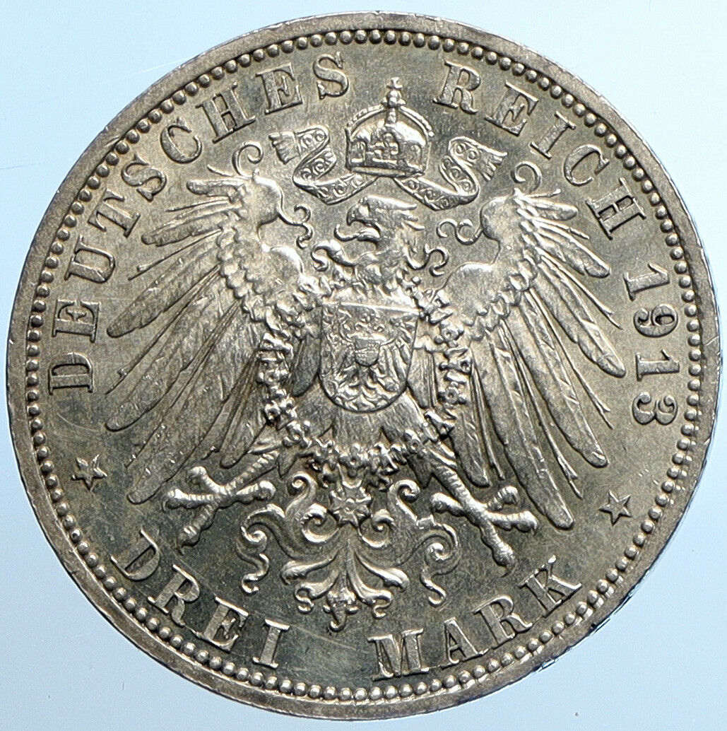 1913 A GERMANY GERMAN STATES PRUSSIA WILHELM II Old Silver 3 Marks Coin i109803