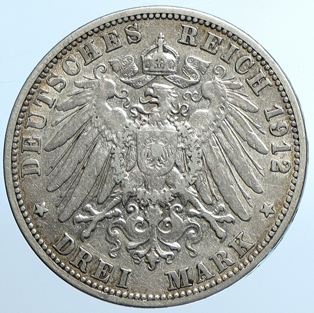 1912 PRUSSIA KINGDOM Germany WILHELM II Old Silver 3 Mark German Coin i109814