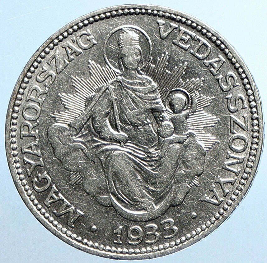 1933 HUNGARY Miklós Horthy MADONNA CHILD Antique OLD Silver 2 Pengo Coin i109819