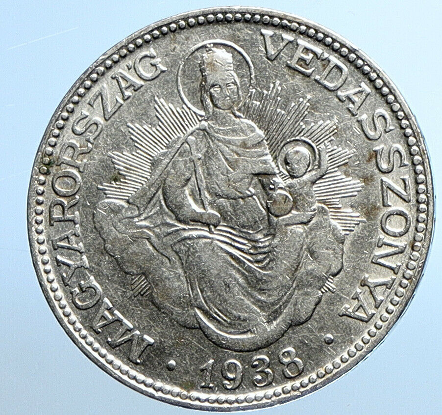 1938 HUNGARY Miklós Horthy MADONNA CHILD Antique OLD Silver 2 Pengo Coin i109820