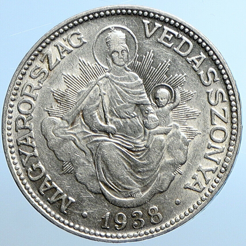 1938 HUNGARY Miklós Horthy MADONNA CHILD Antique OLD Silver 2 Pengo Coin i109818