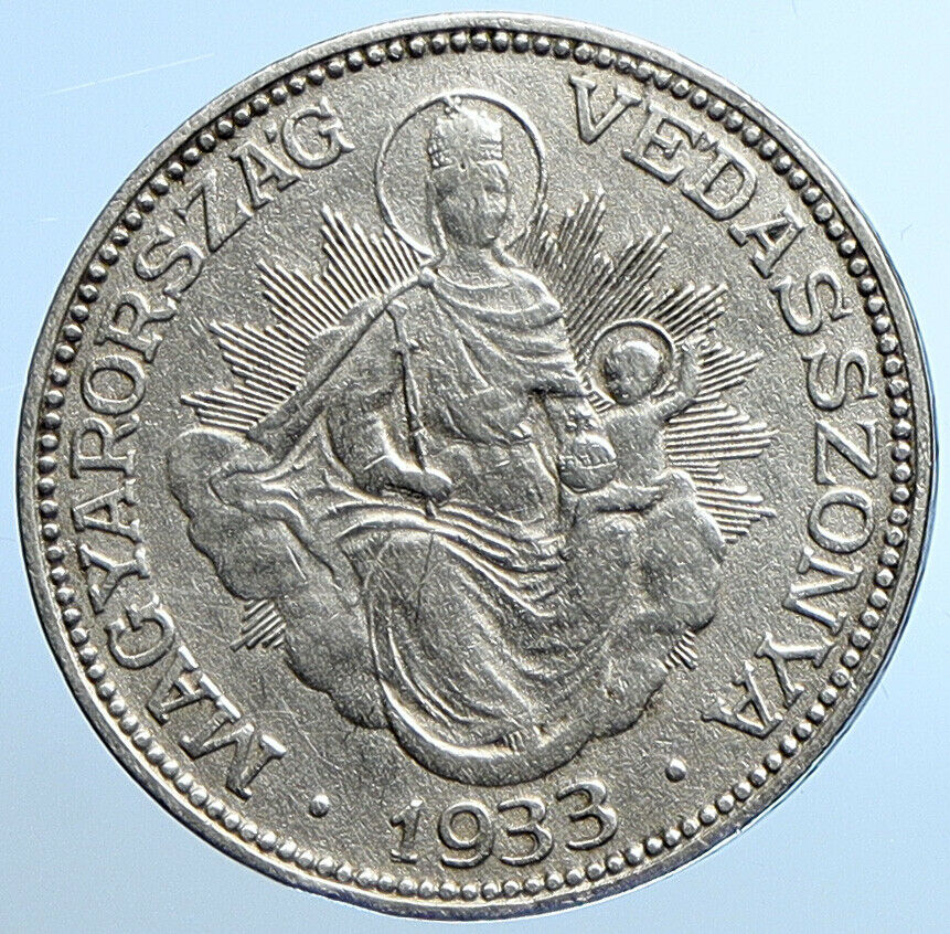 1933 HUNGARY Miklós Horthy MADONNA CHILD Antique OLD Silver 2 Pengo Coin i109821