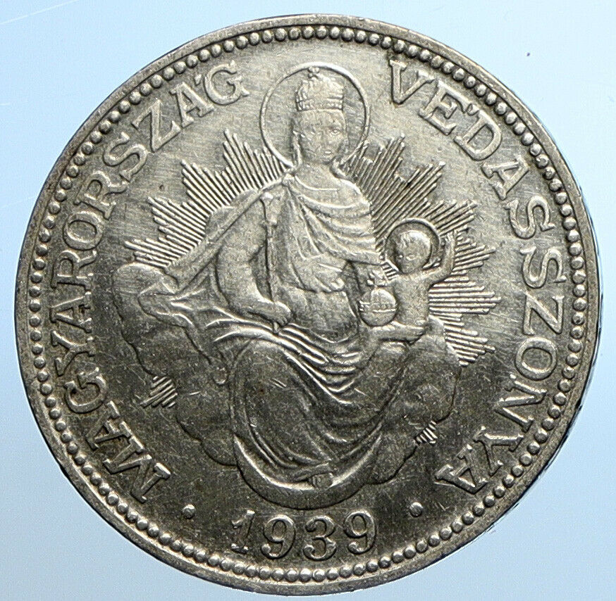 1939 HUNGARY Miklós Horthy MADONNA CHILD Antique OLD Silver 2 Pengo Coin i109823