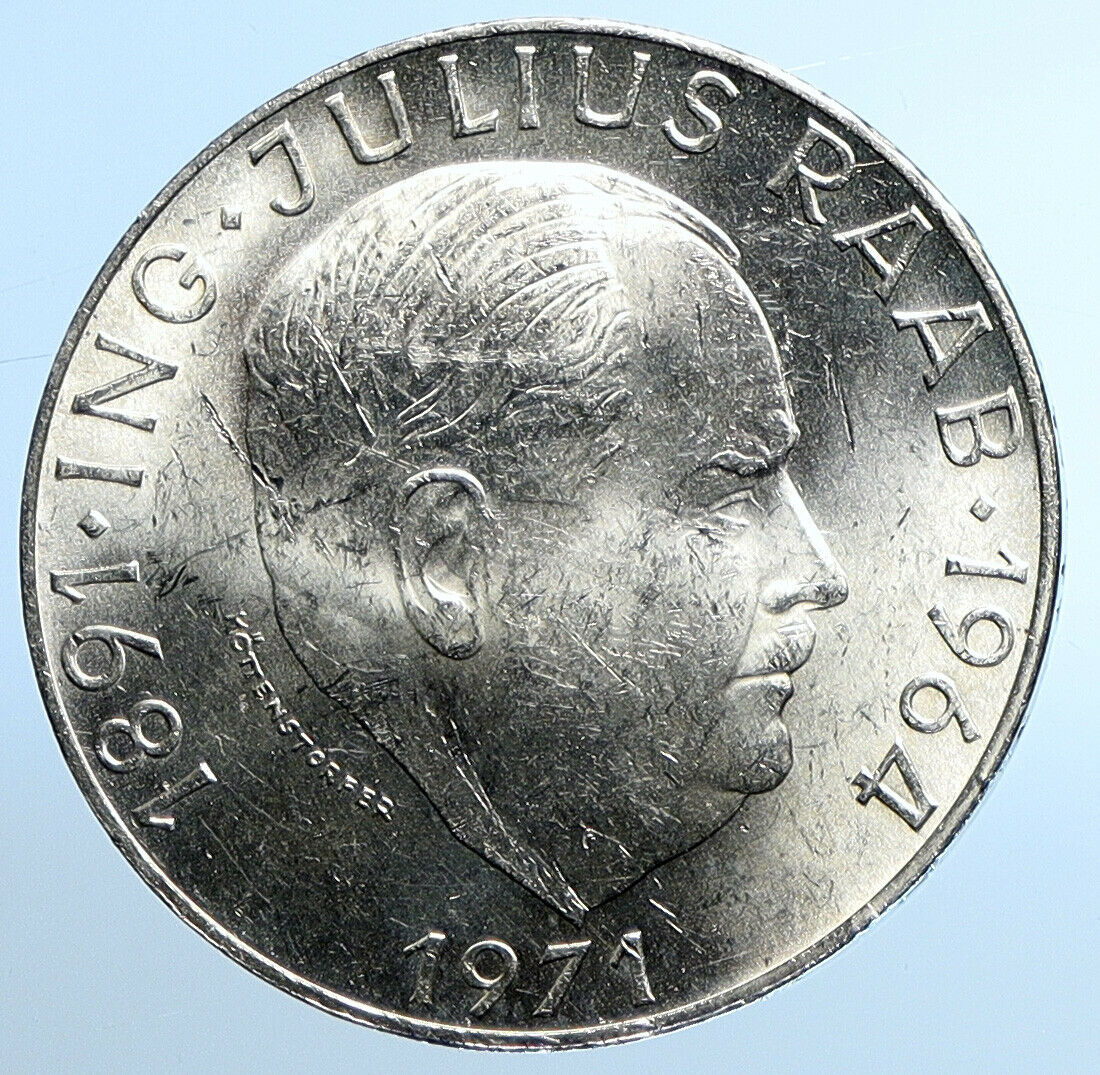 1971 AUSTRIA w Politician Julius Raab Antique Silver 50 Schilling Coin i109813