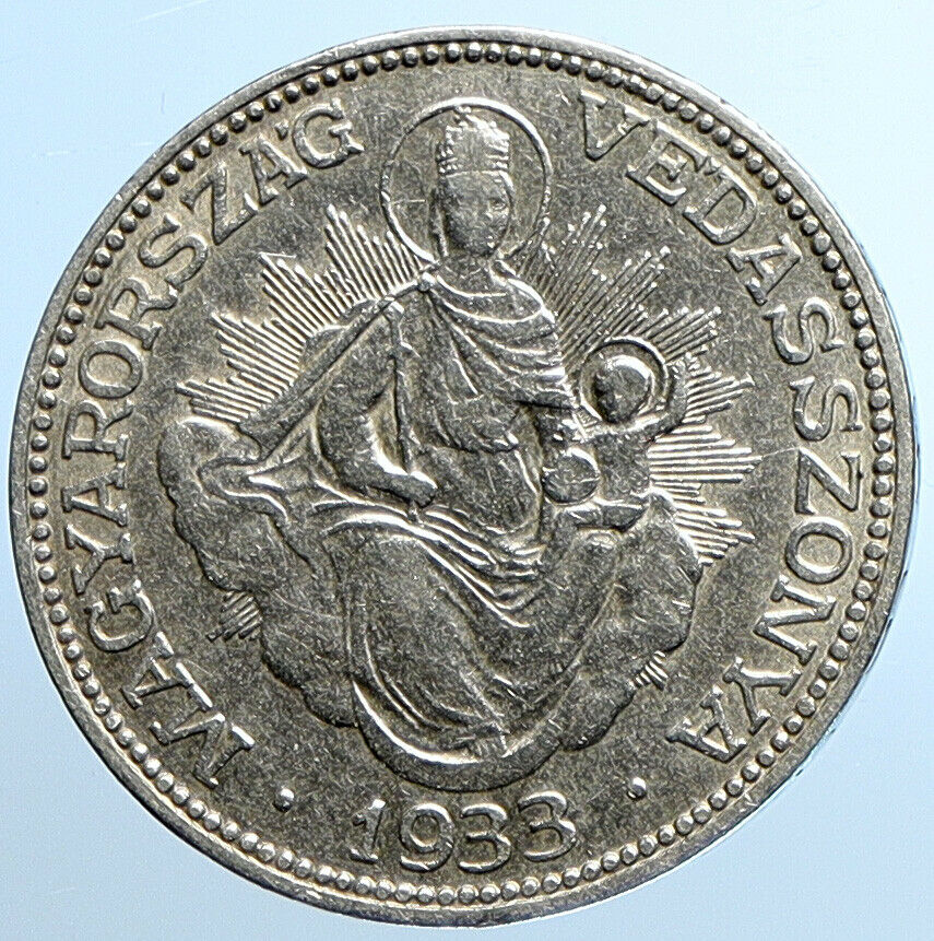 1933 HUNGARY Miklós Horthy MADONNA CHILD Antique OLD Silver 2 Pengo Coin i109817