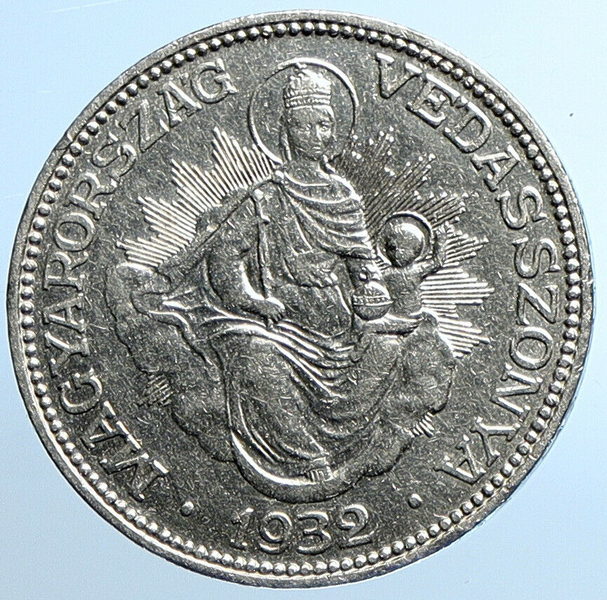 1932 HUNGARY Miklós Horthy MADONNA CHILD Antique OLD Silver 2 Pengo Coin i109824