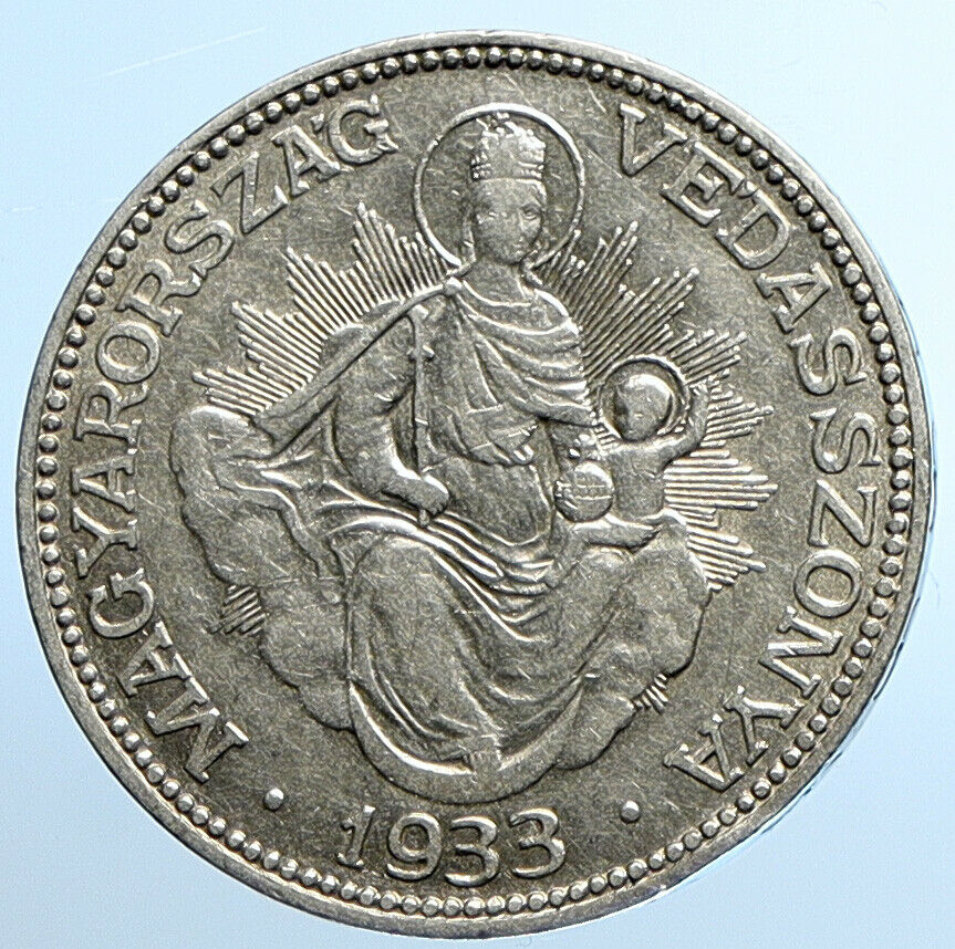 1933 HUNGARY Miklós Horthy MADONNA CHILD Antique OLD Silver 2 Pengo Coin i109816