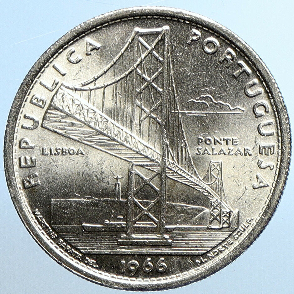 1966 PORTUGAL Opening SALAZAR BRIDGE Antique Old Silver 20 Escudos Coin i109825