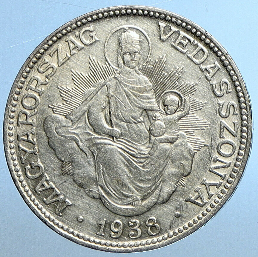 1938 HUNGARY Miklós Horthy MADONNA CHILD Antique OLD Silver 2 Pengo Coin i109829