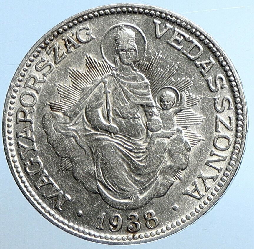 1938 HUNGARY Miklós Horthy MADONNA CHILD Antique OLD Silver 2 Pengo Coin i109843