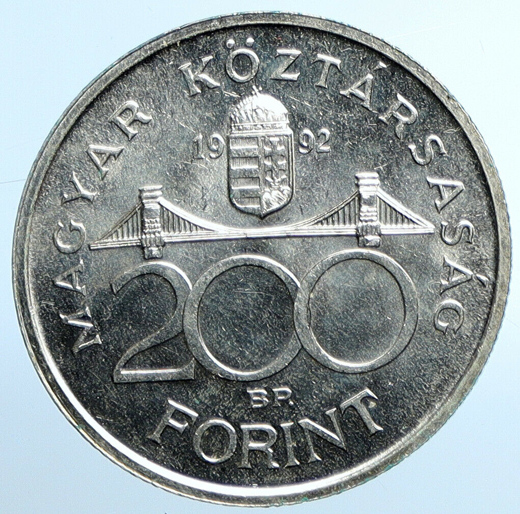 1992 HUNGARY National Bank OLD Ersebet Bridge Silver 200 Forint Coin i109850