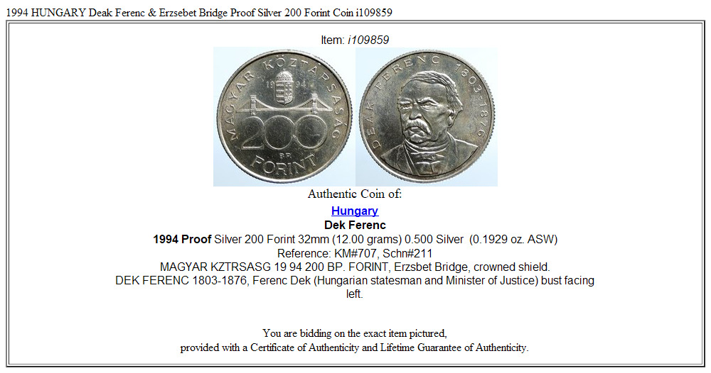 1994 HUNGARY Deak Ferenc & Erzsebet Bridge Proof Silver 200 Forint Coin i109859