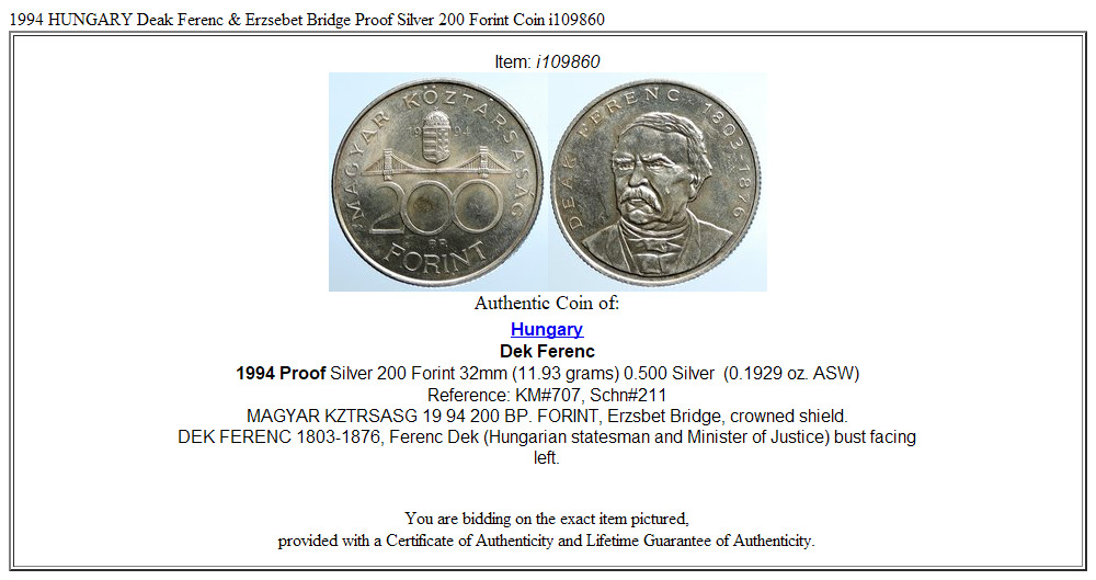 1994 HUNGARY Deak Ferenc & Erzsebet Bridge Proof Silver 200 Forint Coin i109860