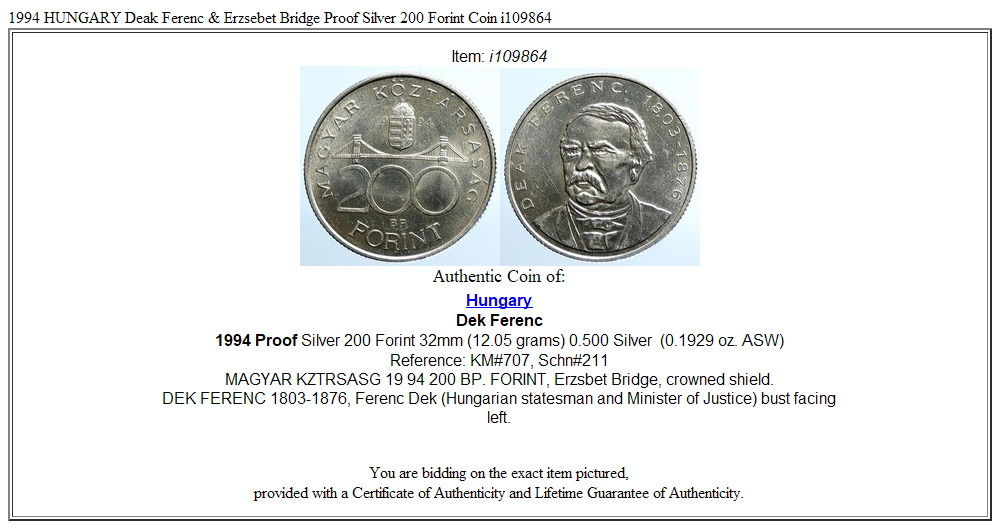 1994 HUNGARY Deak Ferenc & Erzsebet Bridge Proof Silver 200 Forint Coin i109864