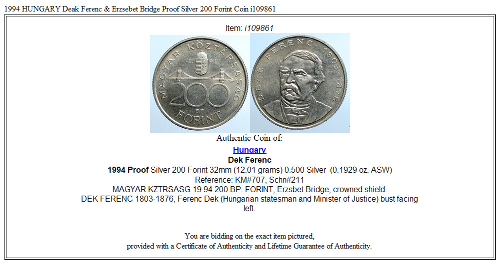 1994 HUNGARY Deak Ferenc & Erzsebet Bridge Proof Silver 200 Forint Coin i109861