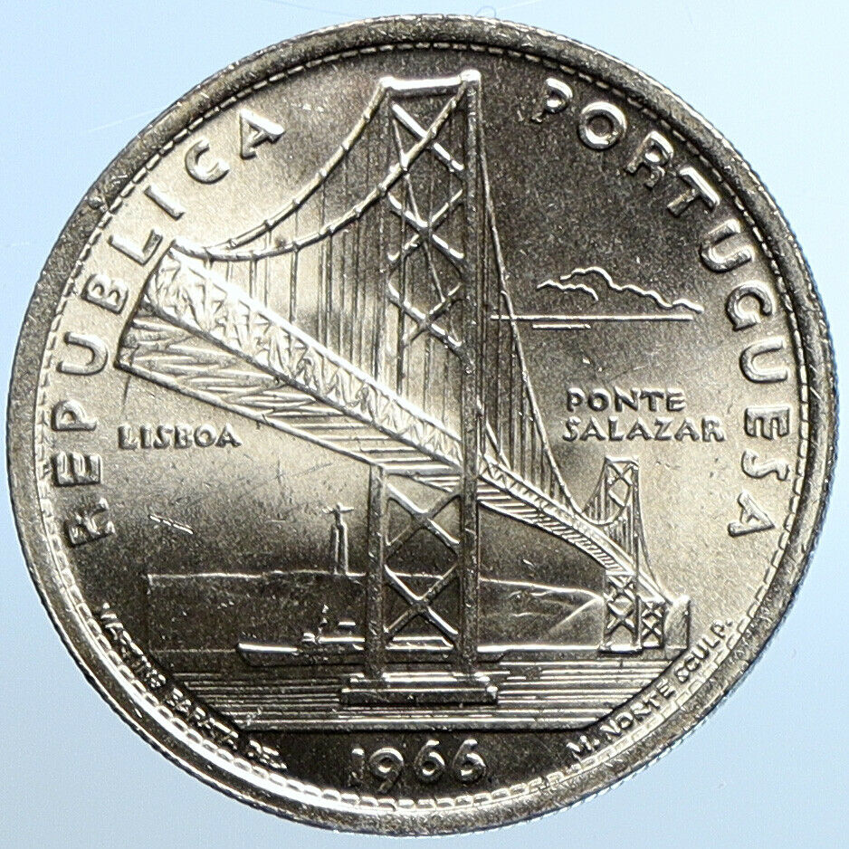 1966 PORTUGAL Opening SALAZAR BRIDGE Antique Old Silver 20 Escudos Coin i109826