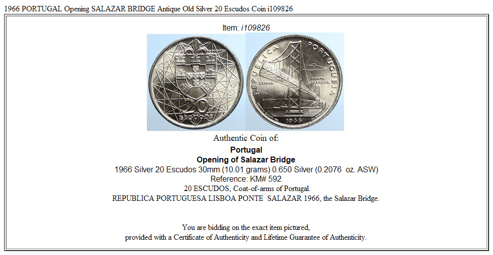 1966 PORTUGAL Opening SALAZAR BRIDGE Antique Old Silver 20 Escudos Coin i109826