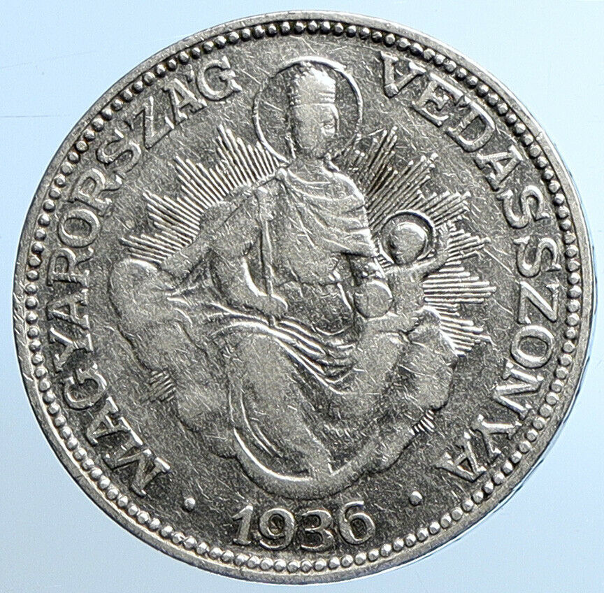 1936 HUNGARY Miklós Horthy MADONNA CHILD Antique OLD Silver 2 Pengo Coin i109839