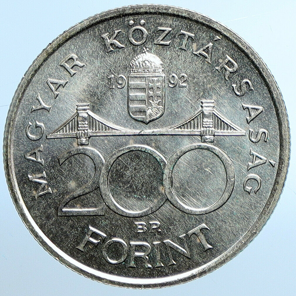 1992 HUNGARY National Bank OLD Ersebet Bridge Silver 200 Forint Coin i109849