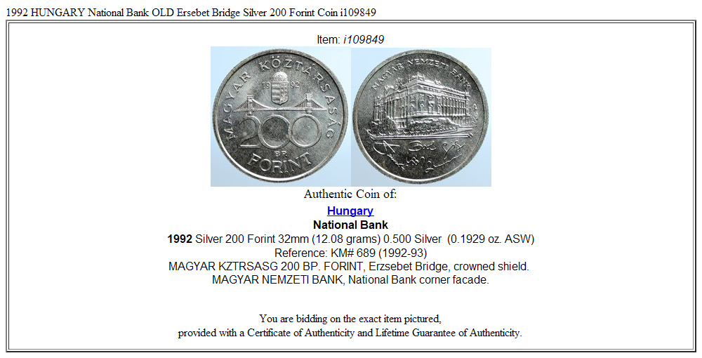 1992 HUNGARY National Bank OLD Ersebet Bridge Silver 200 Forint Coin i109849