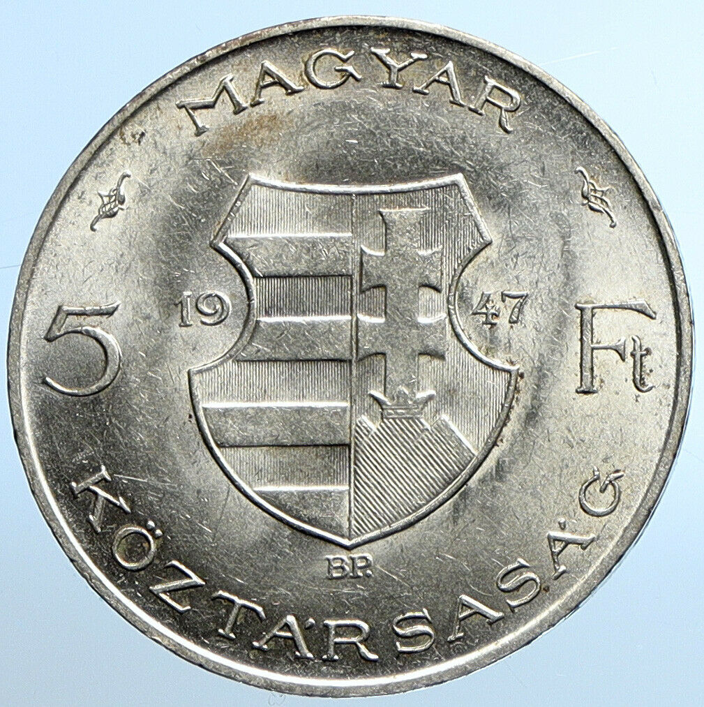 1947 HUNGARY Franz Joseph I & Lajos Kossuth Vintage Silver 5 Forint Coin i109858