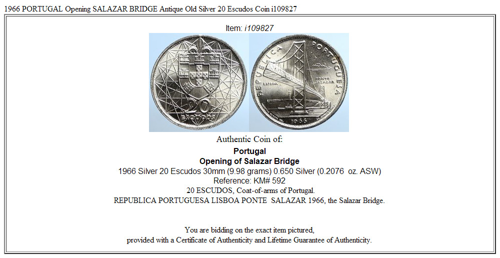 1966 PORTUGAL Opening SALAZAR BRIDGE Antique Old Silver 20 Escudos Coin i109827