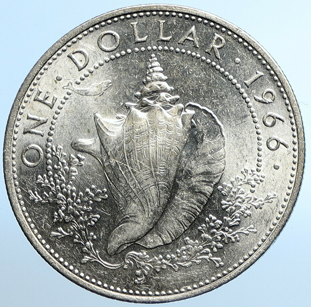 1966 BAHAMAS British Queen Elizabeth II w CONCH SHELL Silver Dollar Coin i109828