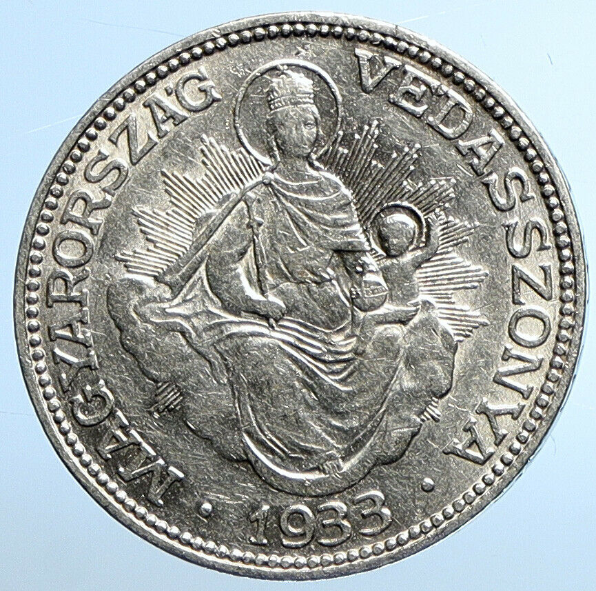 1933 HUNGARY Miklós Horthy MADONNA CHILD Antique OLD Silver 2 Pengo Coin i109838