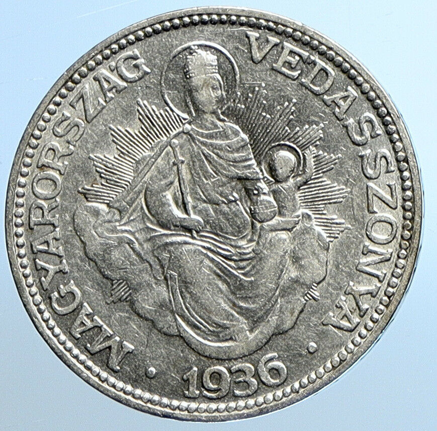 1936 HUNGARY Miklós Horthy MADONNA CHILD Antique OLD Silver 2 Pengo Coin i109841