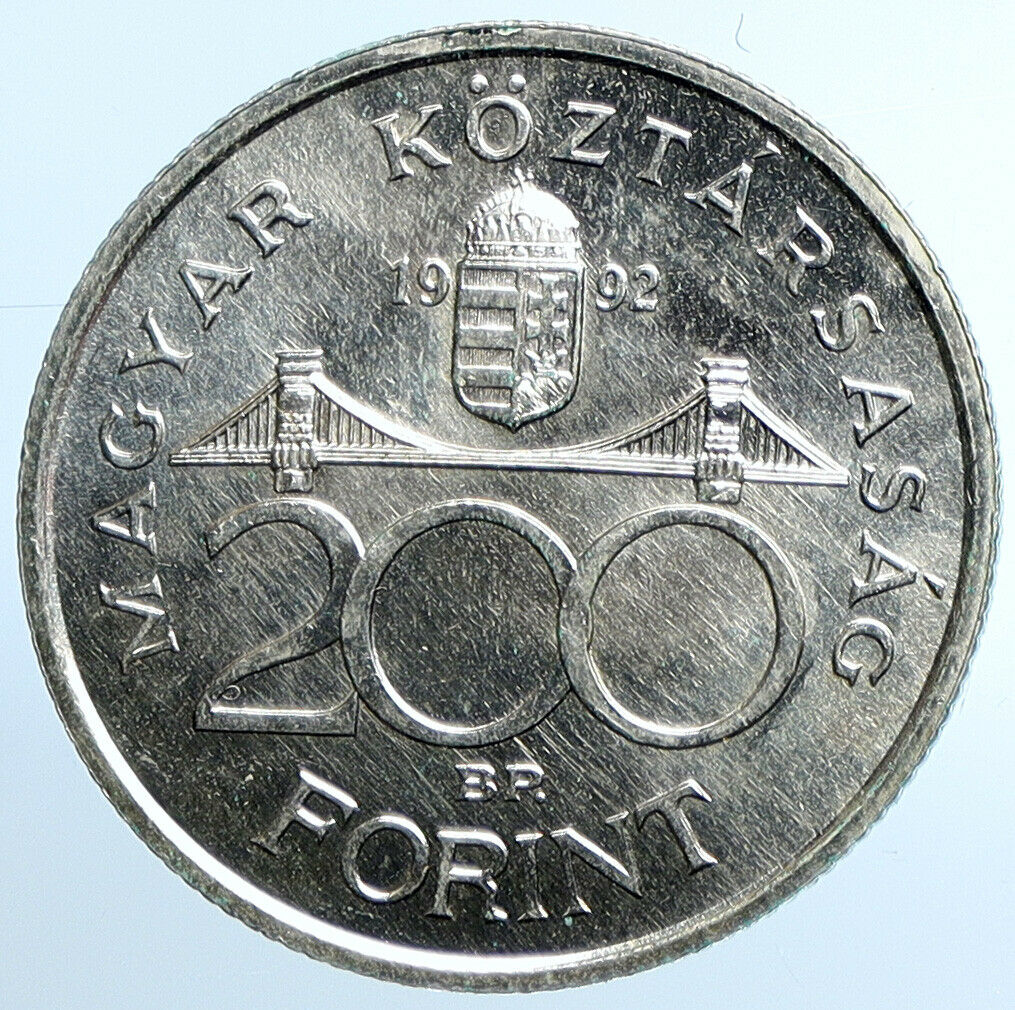 1992 HUNGARY National Bank OLD Ersebet Bridge Silver 200 Forint Coin i109846