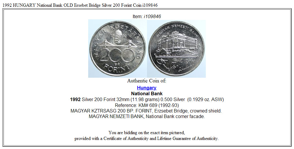 1992 HUNGARY National Bank OLD Ersebet Bridge Silver 200 Forint Coin i109846