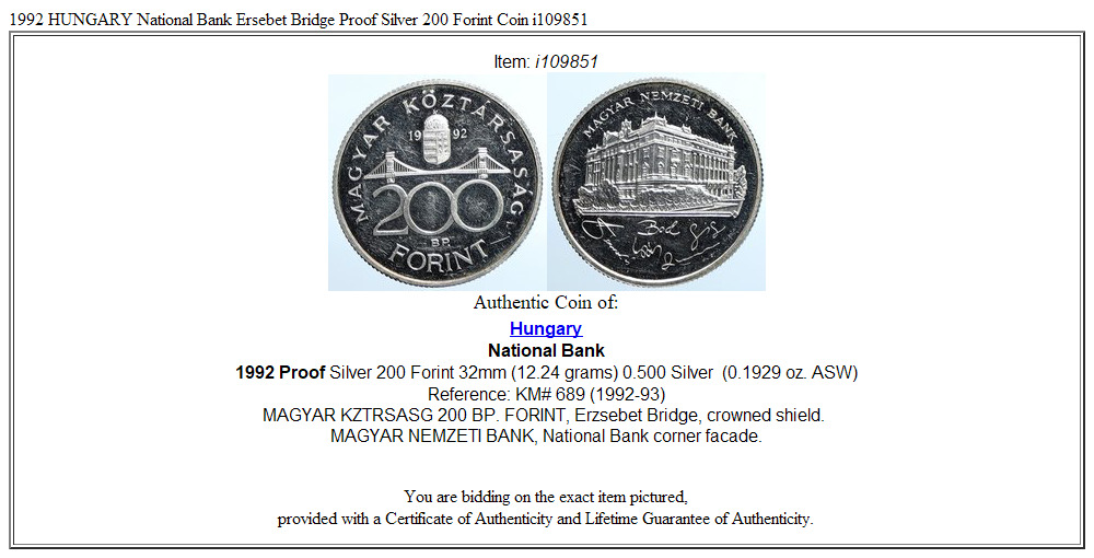 1992 HUNGARY National Bank Ersebet Bridge Proof Silver 200 Forint Coin i109851