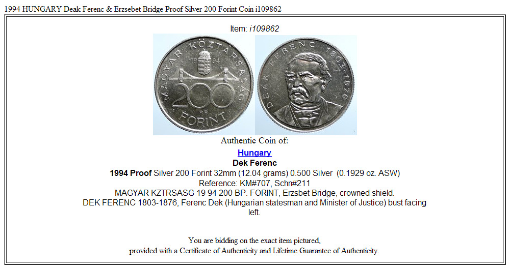 1994 HUNGARY Deak Ferenc & Erzsebet Bridge Proof Silver 200 Forint Coin i109862