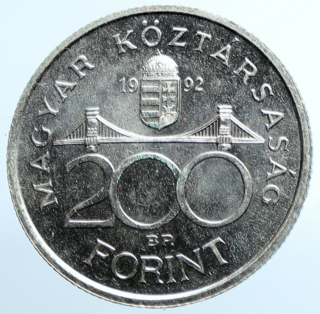 1992 HUNGARY National Bank OLD Ersebet Bridge Silver 200 Forint Coin i109845