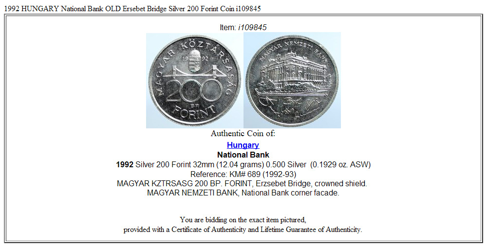 1992 HUNGARY National Bank OLD Ersebet Bridge Silver 200 Forint Coin i109845